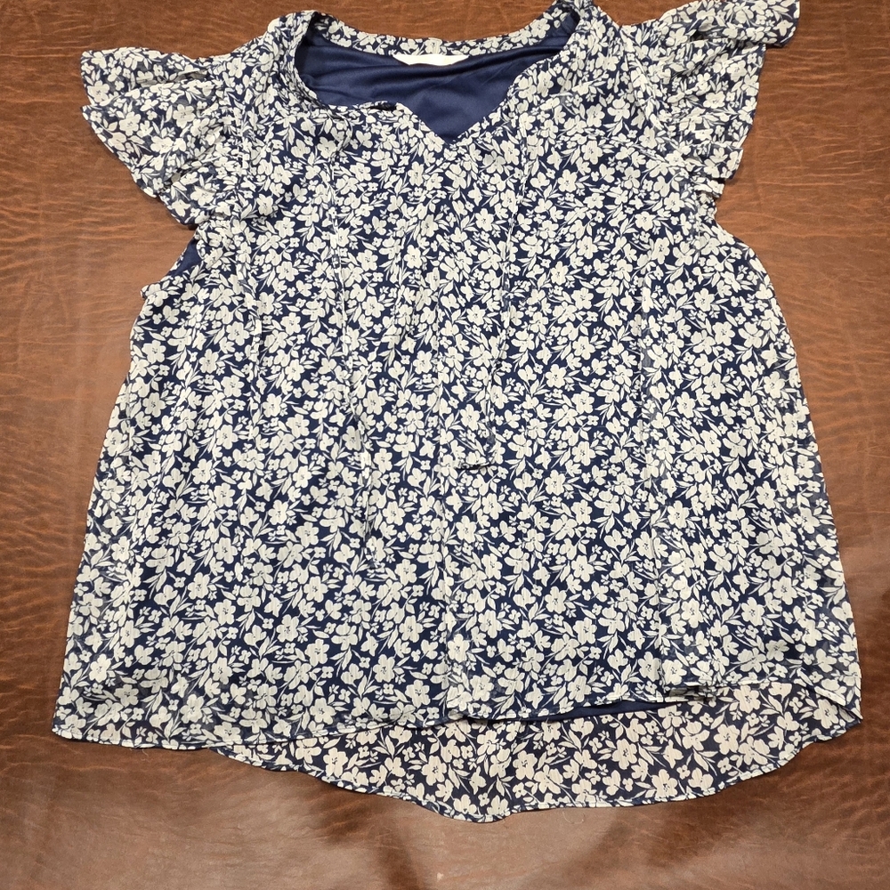 LC Lauren Conrad Navy Floral Blouse